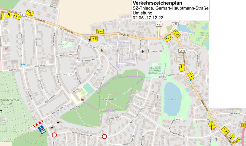 Die Umleitungsstrecke führt über den Panscheberg, die Danziger Straße und den Pappeldamm.