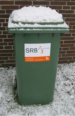 Biomülltonne mit Schneehaube vor einer Hauswand