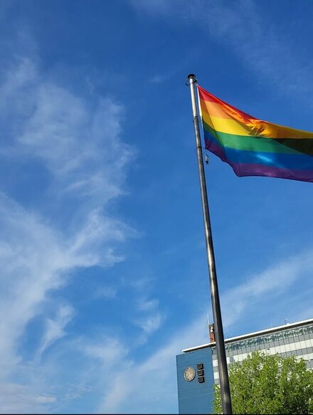 Regenbogenfahne vor dem Rathaus